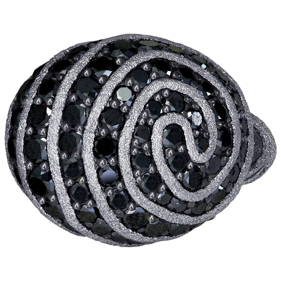 Alex Soldier's Diamond Swirl Art Ring is made in blackened 18 karate white gold with 7 carats of black diamonds and signature metalwork. Handmade with love in NYC from responsibly sourced materials. One of a kind. Ring size: 6.5. Complimentary ring