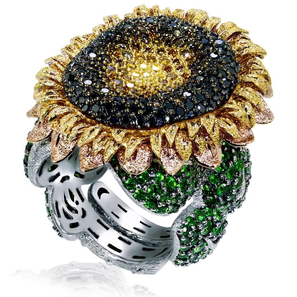 Round Cut Alex Soldier Diamond Tsavorite Garnet Chrome Diopside Gold Sunflower Ring