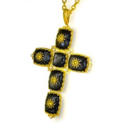 Alex Soldier Gold Cross Sapphire Diamond Obsidian Necklace Pendant One of a Kind