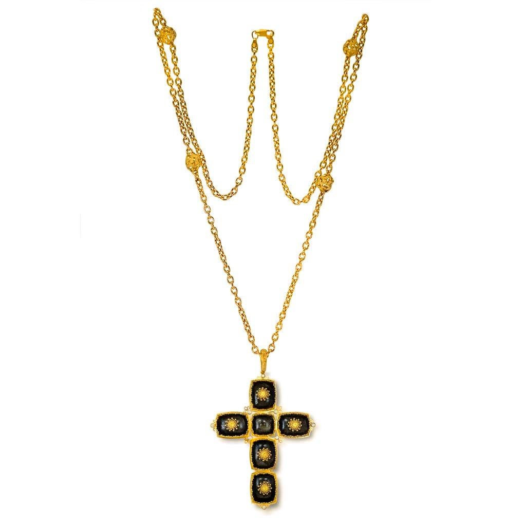 Alex Soldier Einzigartige Obsidian-Halskette mit Anhänger, Gold Kreuz Saphir Diamant (Zeitgenössisch) im Angebot