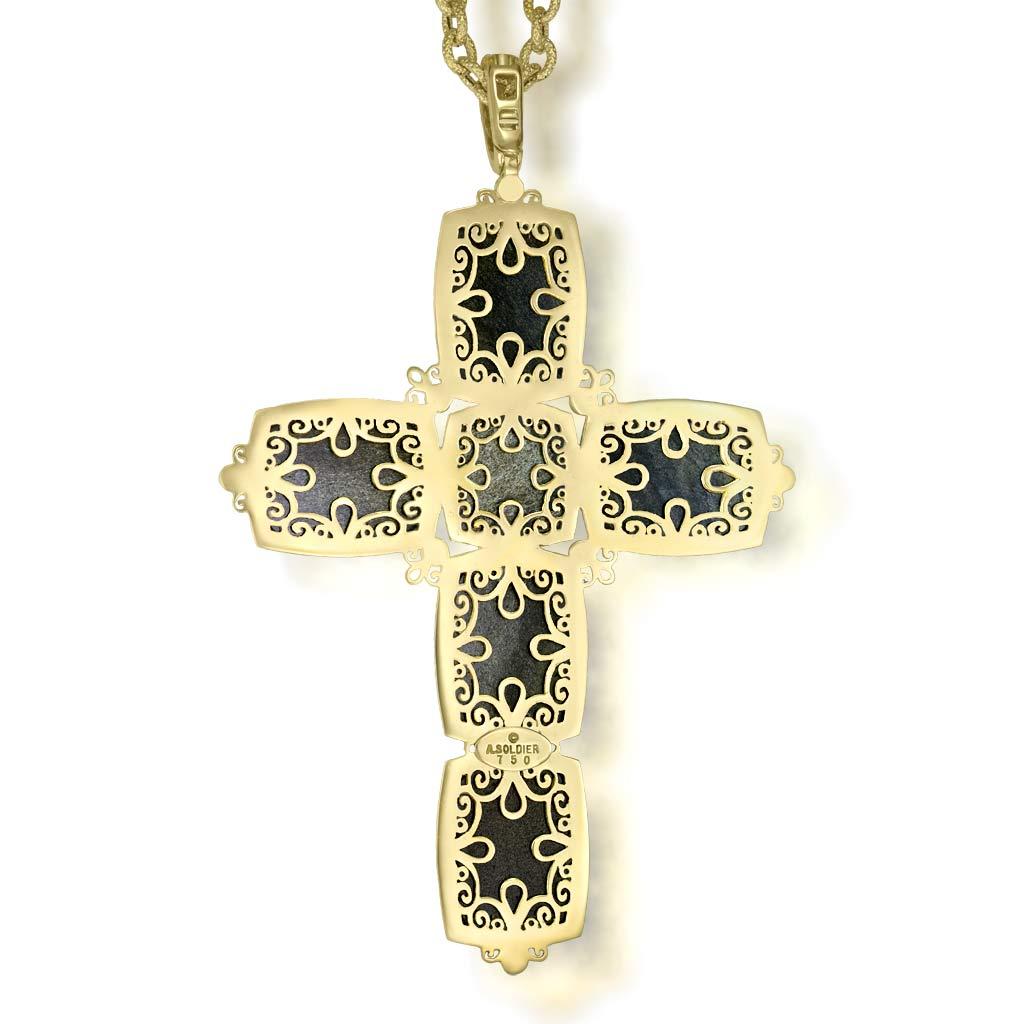 Alex Soldier Einzigartige Obsidian-Halskette mit Anhänger, Gold Kreuz Saphir Diamant (Kissenschliff) im Angebot