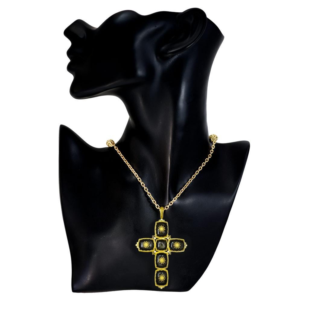 Cushion Cut Alex Soldier Gold Cross Sapphire Diamond Obsidian Necklace Pendant One of a Kind For Sale