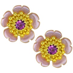 Alex Soldier Gold Garnet Baby Blossom Earrings with Carved Mother of Pearl