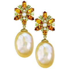 Alex Soldier Gold Pearl Citrine Peridot Diamond Drop Earrings One of a Kind