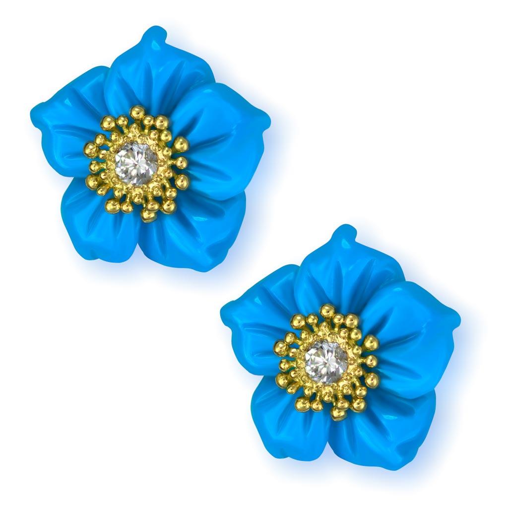 Alex Soldier Gold Turquoise Diamond Blossom Earrings with Carved Mother of Pearl (Rosenschliff)