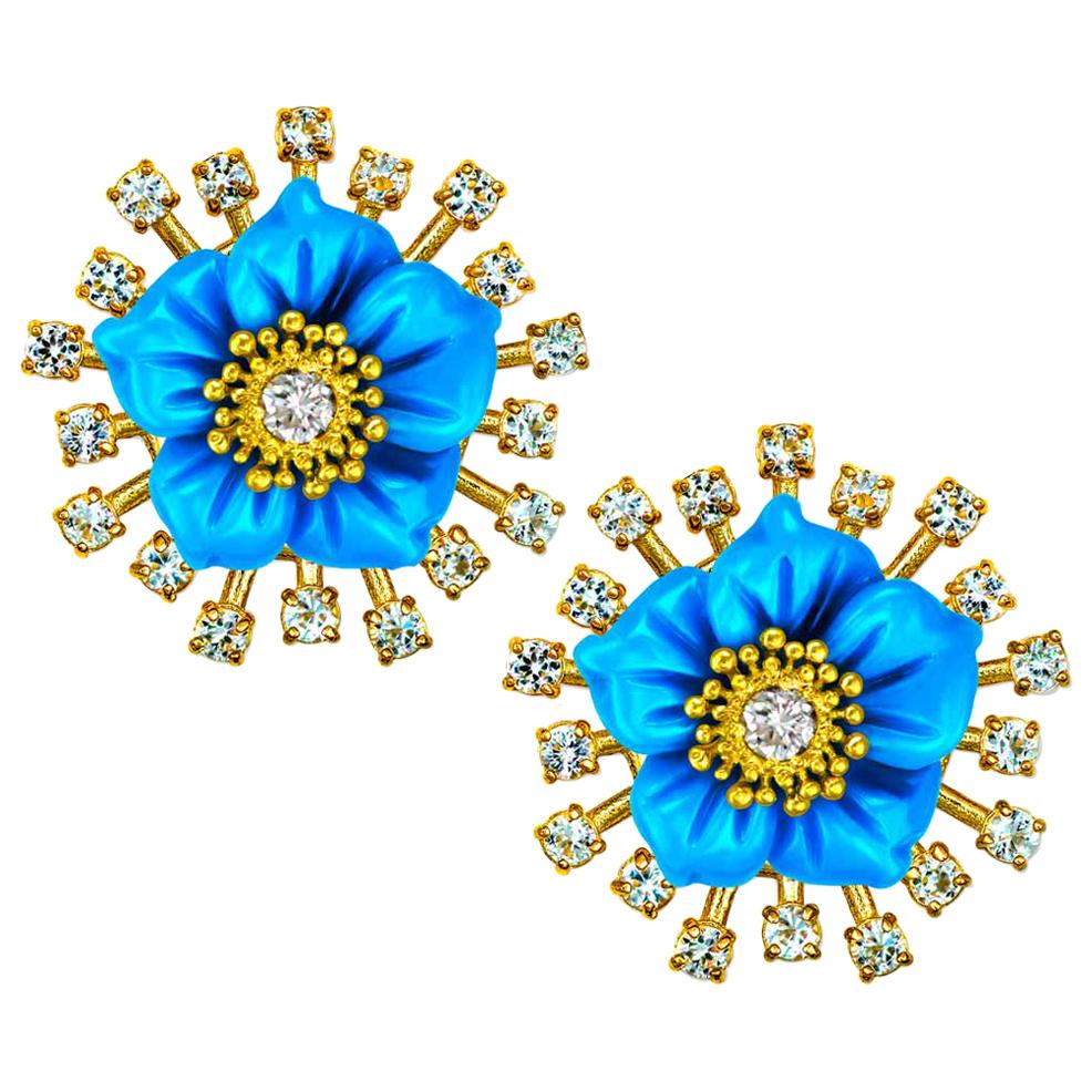 Alex Soldier Gold Turquoise Diamond Blossom Earrings with Carved Mother of Pearl