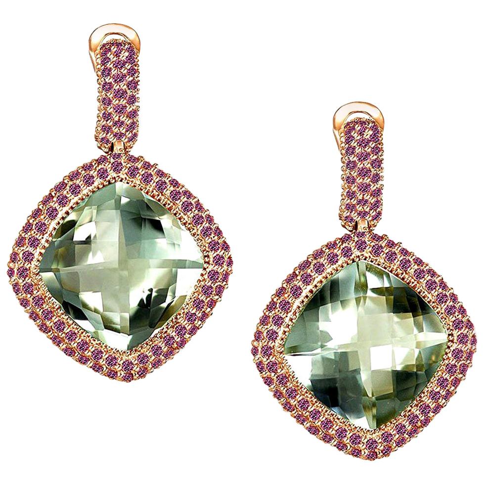 Alex Soldier Green Amethyst Garnet Rose Gold Drop Earrings One of a Kind