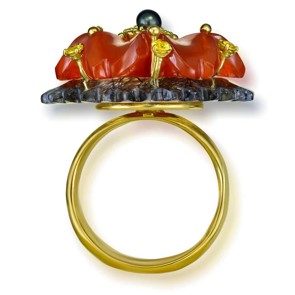 Alex Soldier Hand Carved Carnelian Quartz Sapphire Pearl Gold Blossom Ring In New Condition In New York, NY