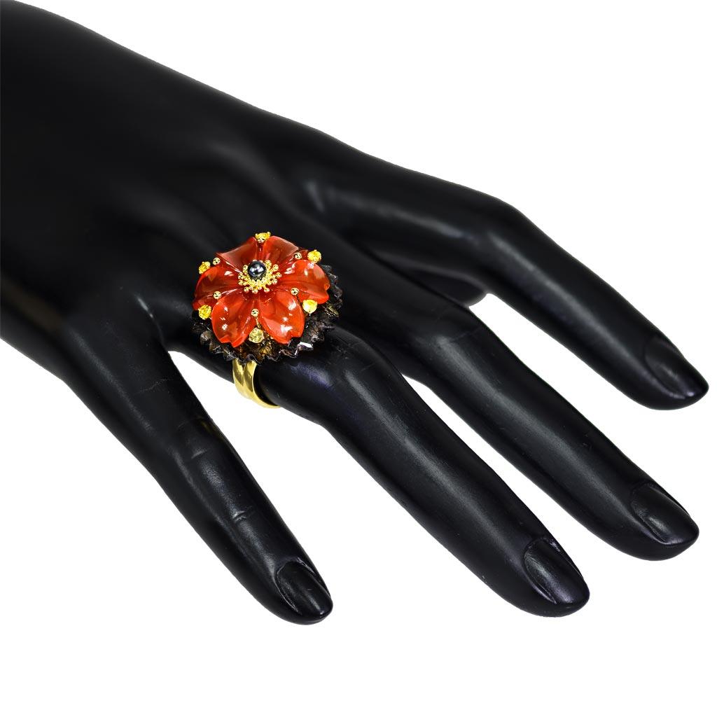 Women's or Men's Alex Soldier Hand Carved Carnelian Quartz Sapphire Pearl Gold Blossom Ring