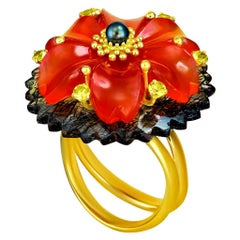 Alex Soldier Hand Carved Carnelian Quartz Sapphire Pearl Gold Blossom Ring