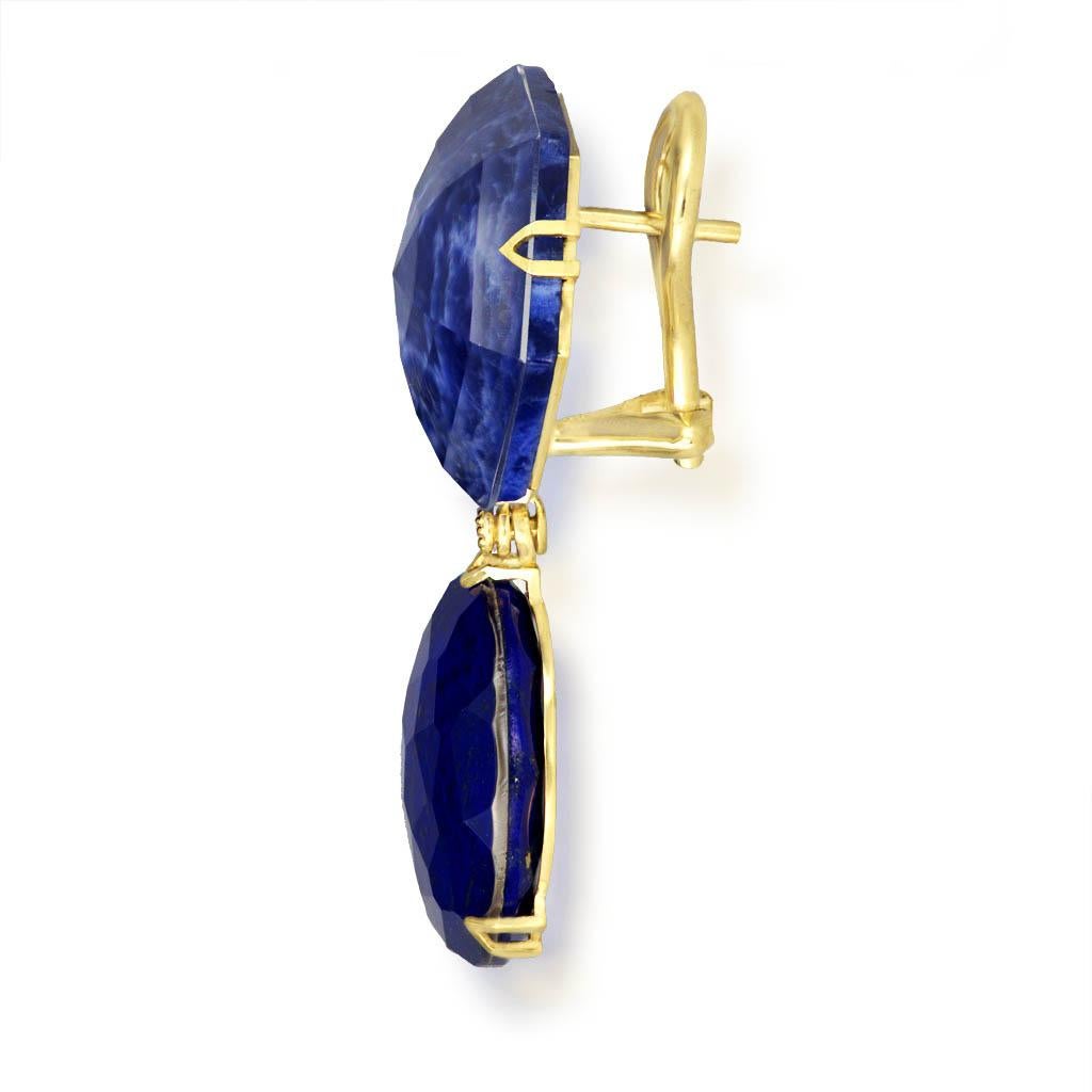 Round Cut Alex Soldier Lapis Lazuli Quartz Diamond Gold Denim Drop Earrings One of a Kind