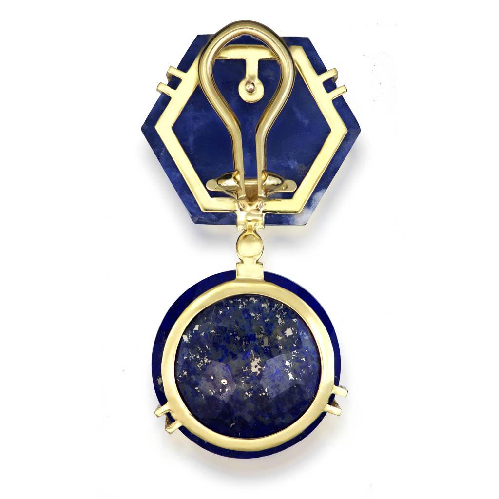Round Cut Alex Soldier Lapis Lazuli Sodalite Crystal Diamond Gold Denim Drop Earrings