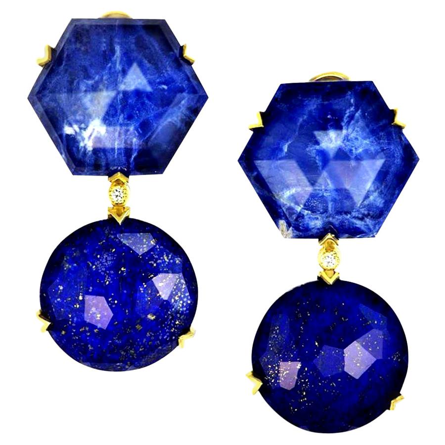 Alex Soldier Lapis Lazuli Sodalite Crystal Diamond Gold Denim Drop Earrings