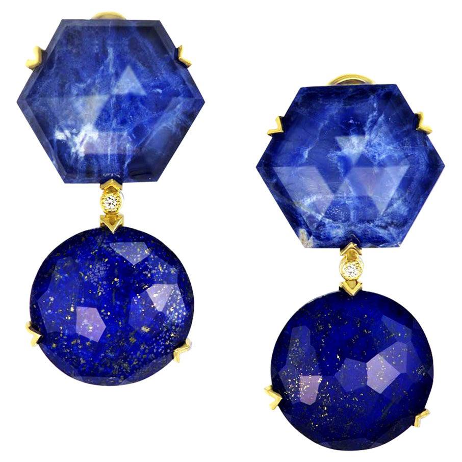 Alex Soldier Lapis Lazuli Sodalite Crystal Diamond Gold Denim Drop Earrings