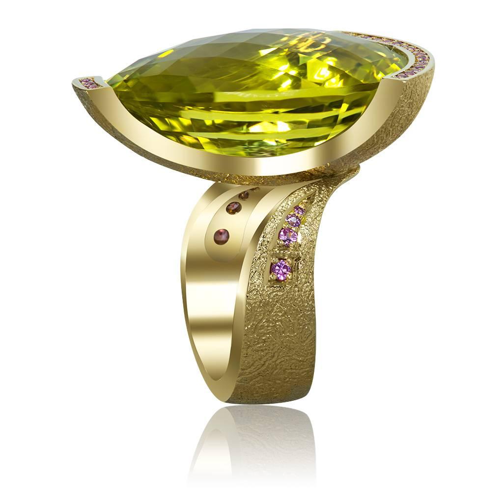 Women's or Men's Alex Soldier Lemon Citrine Sapphire Hand-Textured Gold Swan Cocktail Ring