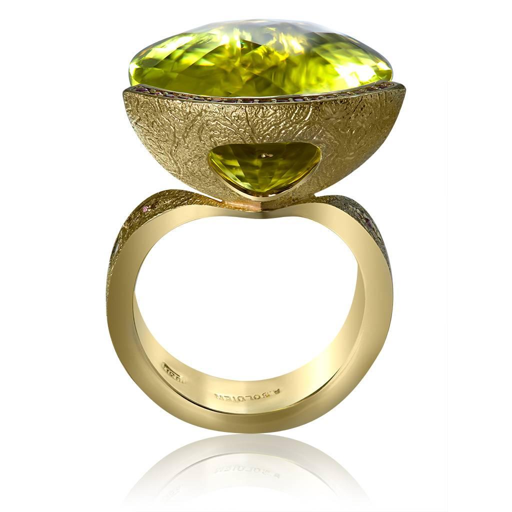 Alex Soldier Lemon Quartz Sapphire Hand-Textured Gold Swan Cocktail Ring In New Condition In New York, NY
