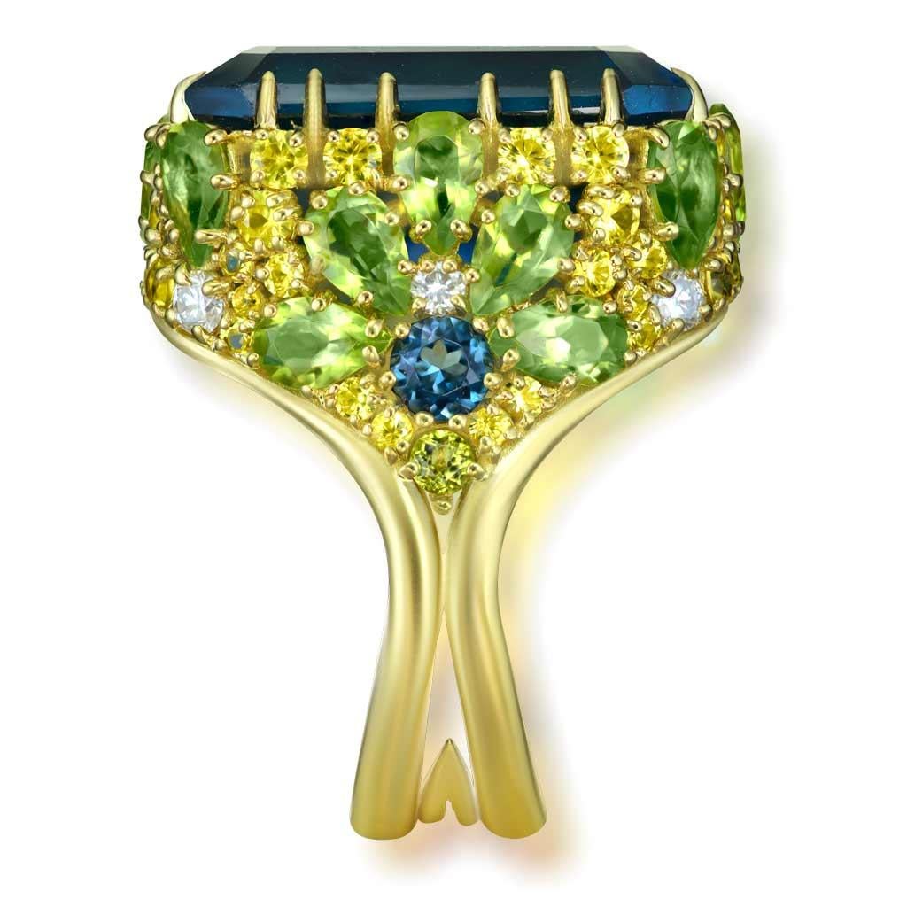 Emerald Cut Alex Soldier London Blue Topaz Peridot Sapphire Diamond Blossom Gold Ring