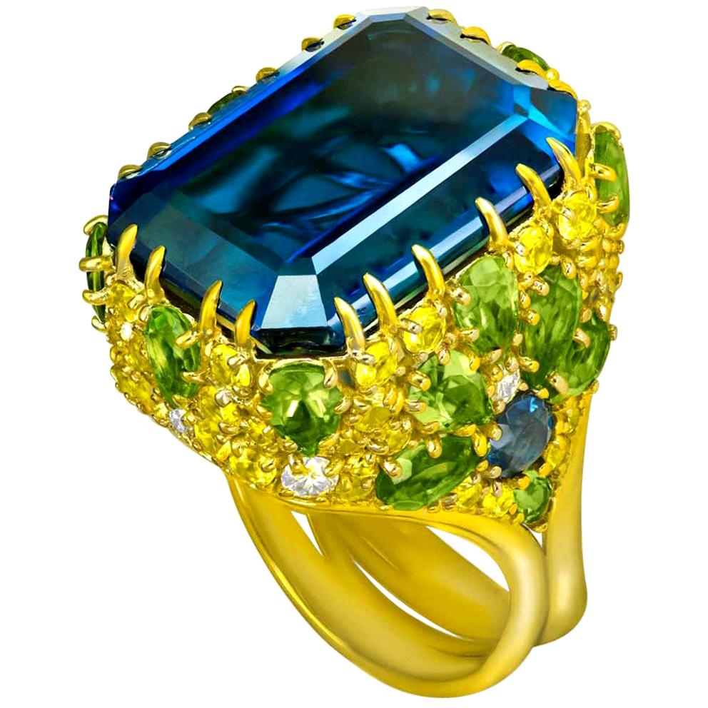 Alex Soldier London Blue Topaz Peridot Sapphire Diamond Blossom Gold Ring