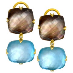 Alex Soldier Mother of Pearl Quartz Diamond Gold Drop Earrings One of a Kind