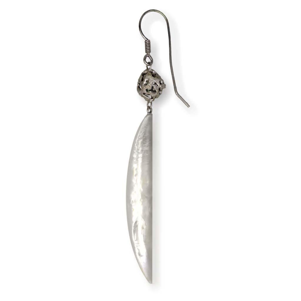 Marquise Cut Alex Soldier Mother of Pearl Sterling Silver Platinum Textured Drop Earrings