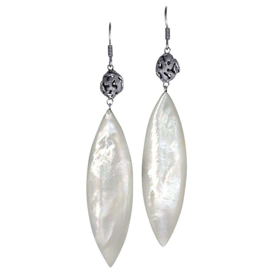 Alex Soldier Mother of Pearl Sterling Silver Platinum Textured Drop Earrings