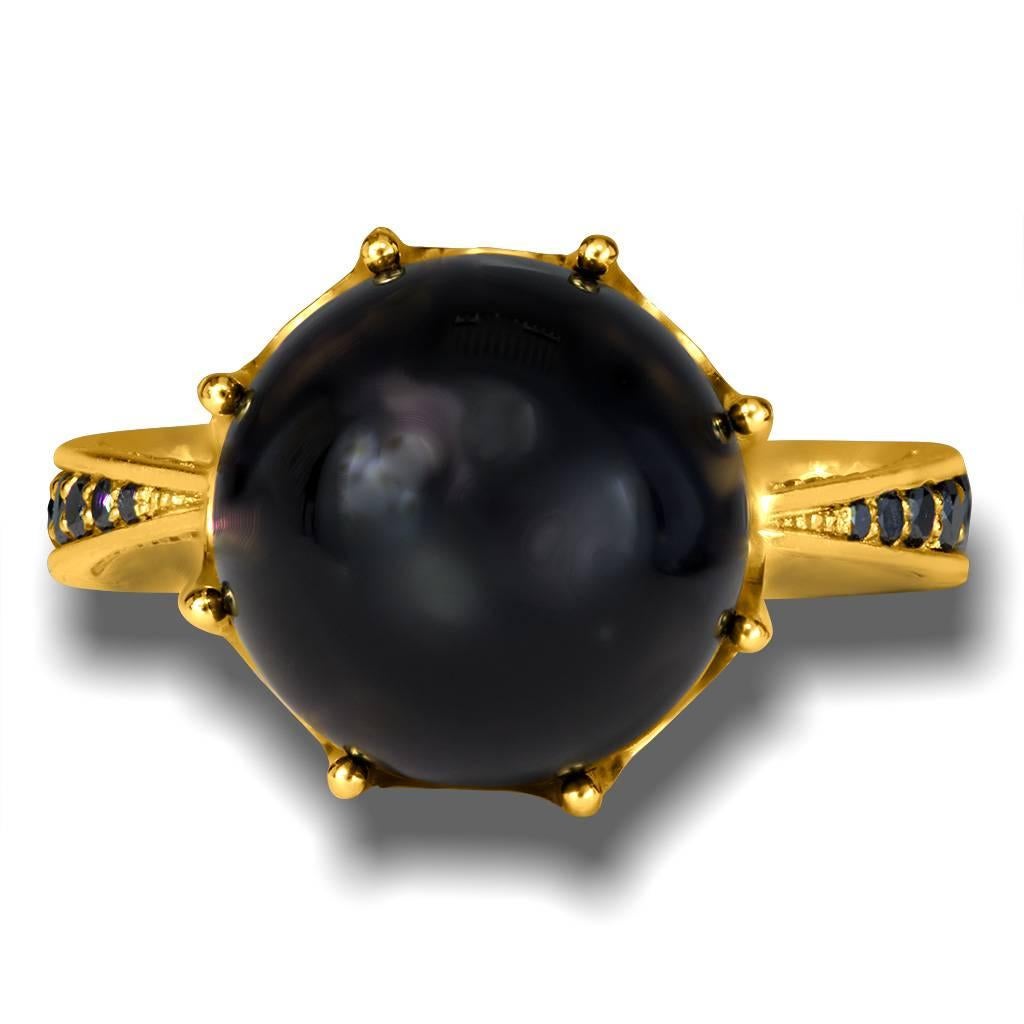 Alex Soldier Crown Ring in 18 karat yellow gold with 1 carat of black onyx and 0.5 carats of black diamonds. Ring size: 6.25. Complimentary ring sizing is available within 2 business days. Ring top height: 14.3 mm. Handmade in NYC. One of a kind. 