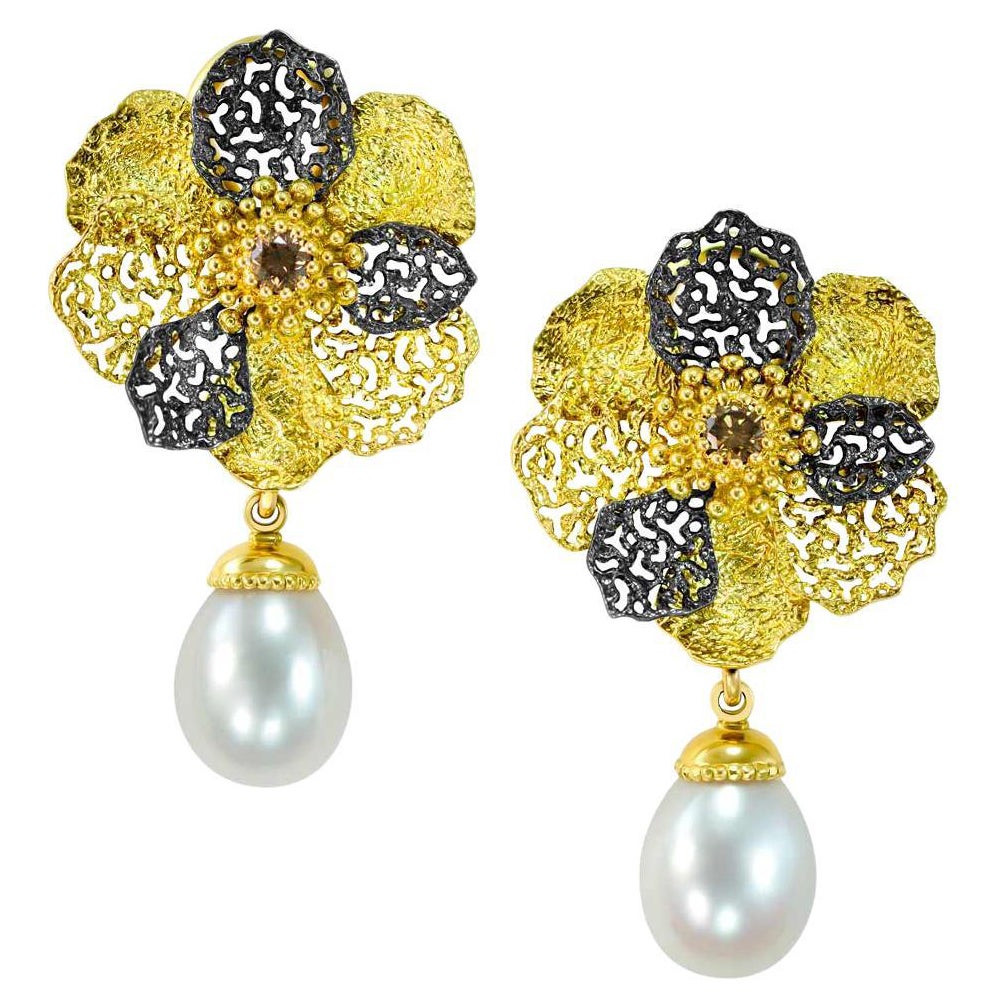 Alex Soldier Umwandelbare Blumenblumen-Ohrringe, Perle Diamant 18 Karat Gold