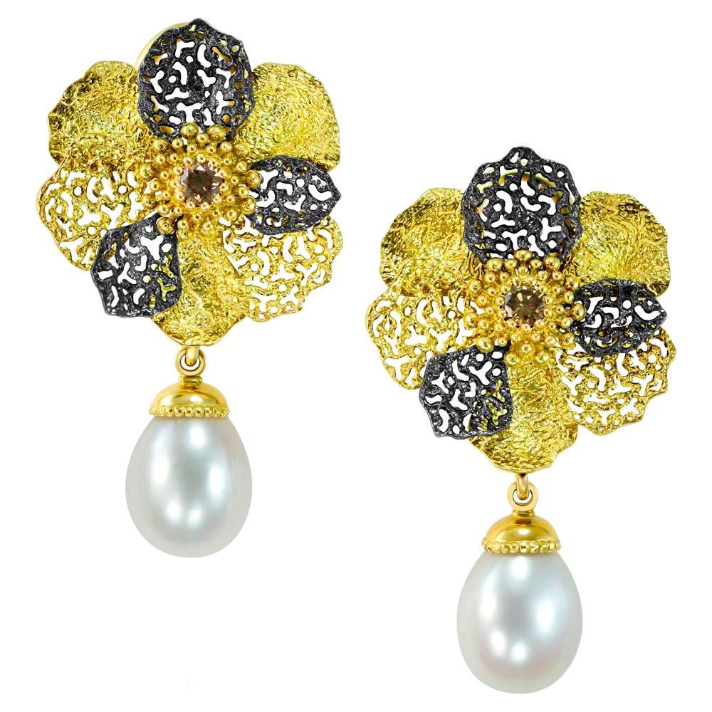 Alex Soldier Pearl Diamond 18 Karat Gold Convertible Flower of Life Earrings For Sale