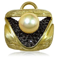 Alex Soldier Pearl Diamond 18k Gold Textured Earrings Cufflinks One of a Kind