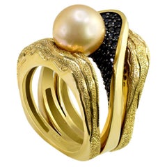 Alex Soldier Pearl Diamond Gold Textured Ring One of a Kind