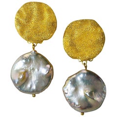 Alex Soldier Pearl Sterling Silver Gold Textured Drop Dangle Clip-On Earrings
