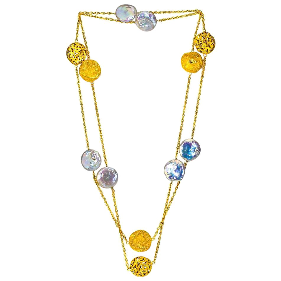 Alex Soldier Perla in argento sterling e oro con texture Moneta Station Necklace in vendita