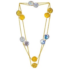 Alex Soldier Pearl Sterling Silver Gold Textured Moneta Station Necklace