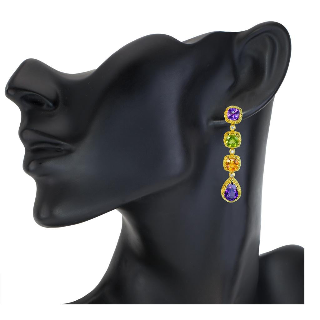 Tropfenohrringe aus Gold mit Peridot, Diamant, Citrin, Amethyst und Diamant (Byzantinisch)