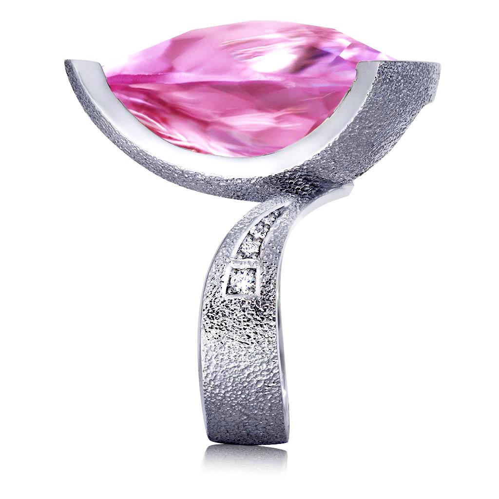 Pear Cut Alex Soldier Pink Quartz Diamond White Gold Swan Cocktail Ring