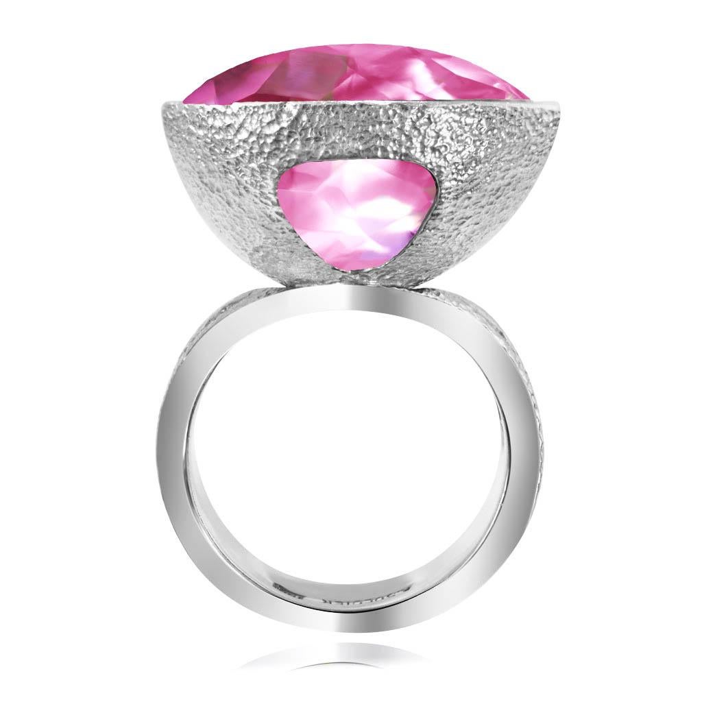 Alex Soldier Pink Quartz Diamond White Gold Swan Cocktail Ring In New Condition In New York, NY