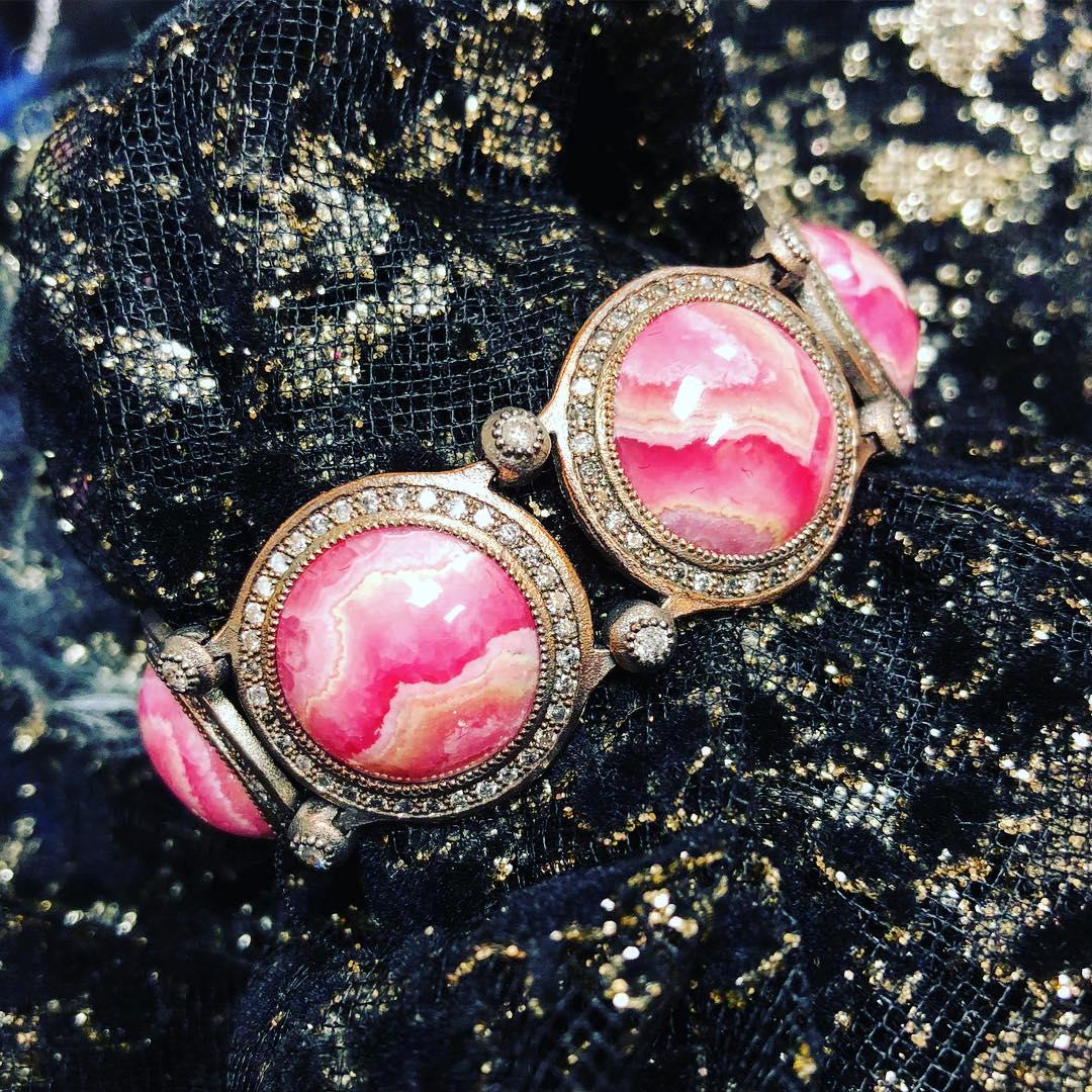 Alex Soldier Rhodochrosite Diamond Oxidized Silver Bracelet One of a Kind In New Condition For Sale In New York, NY