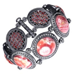 Alex Soldier Einzigartiges Rhodochrosit-Diamant-Armband aus oxidiertem Silber