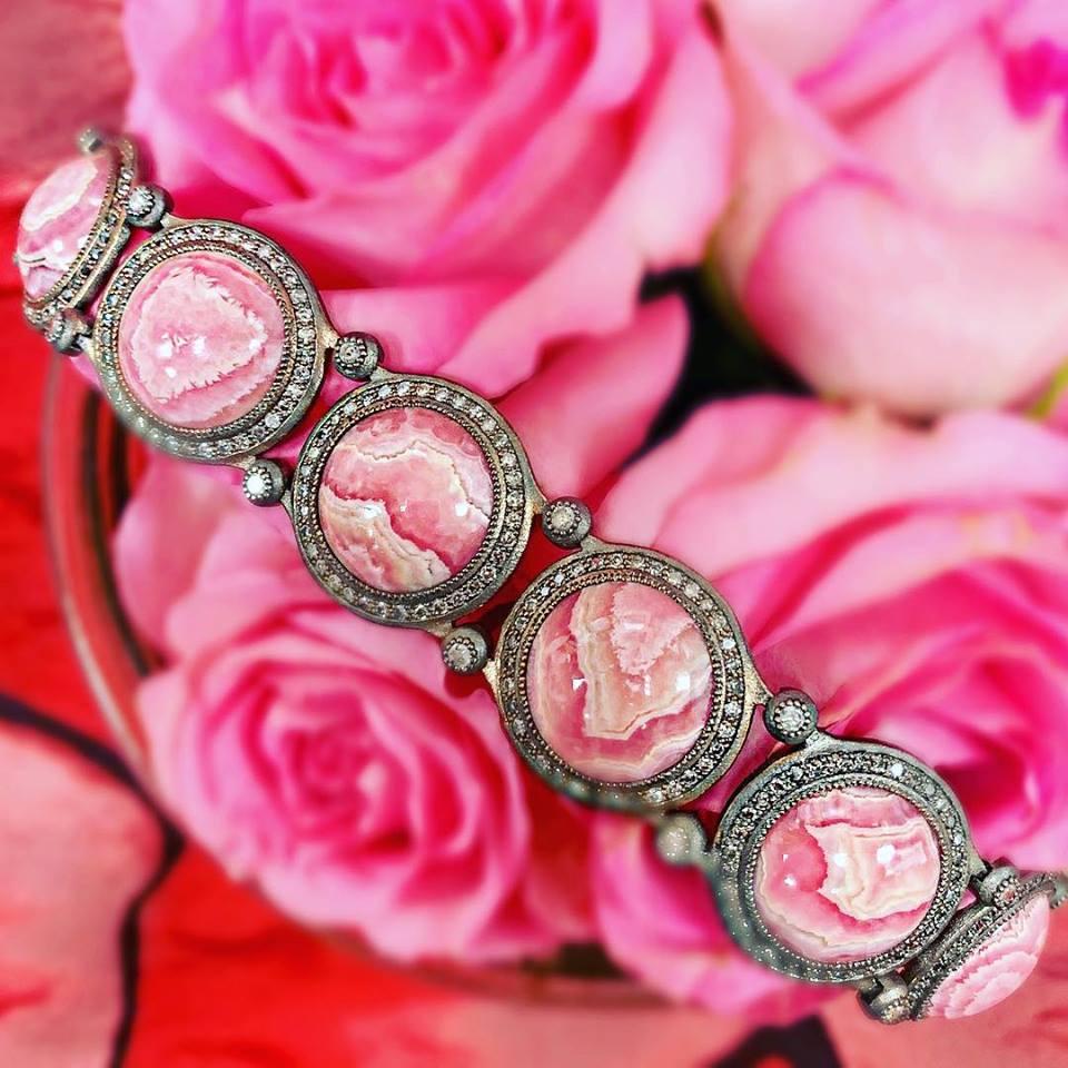 Round Cut Alex Soldier Rhodochrosite Diamond Rose Sterling Silver Bracelet One of a Kind For Sale