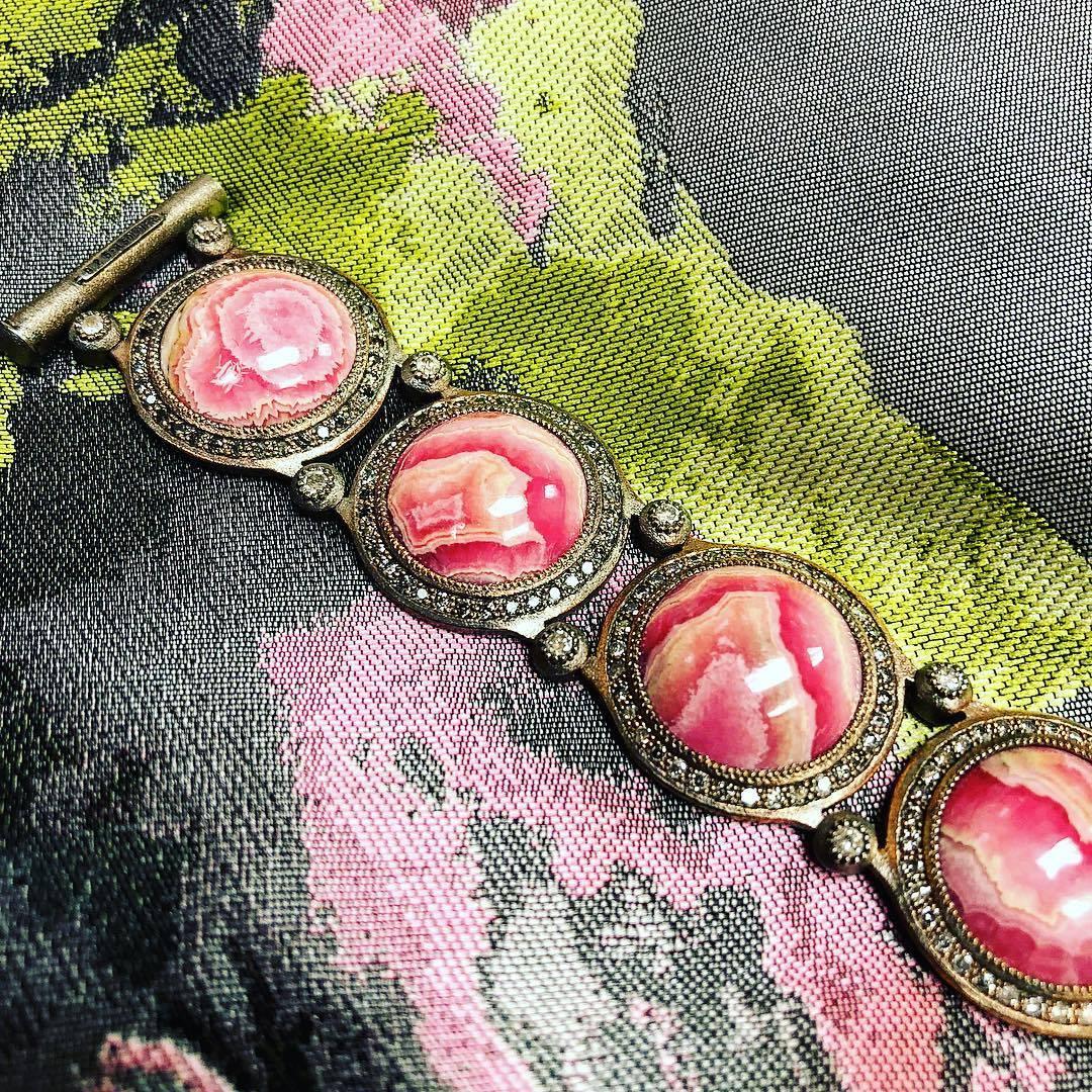 Women's or Men's Alex Soldier Rhodochrosite Diamond Rose Sterling Silver Bracelet One of a Kind For Sale