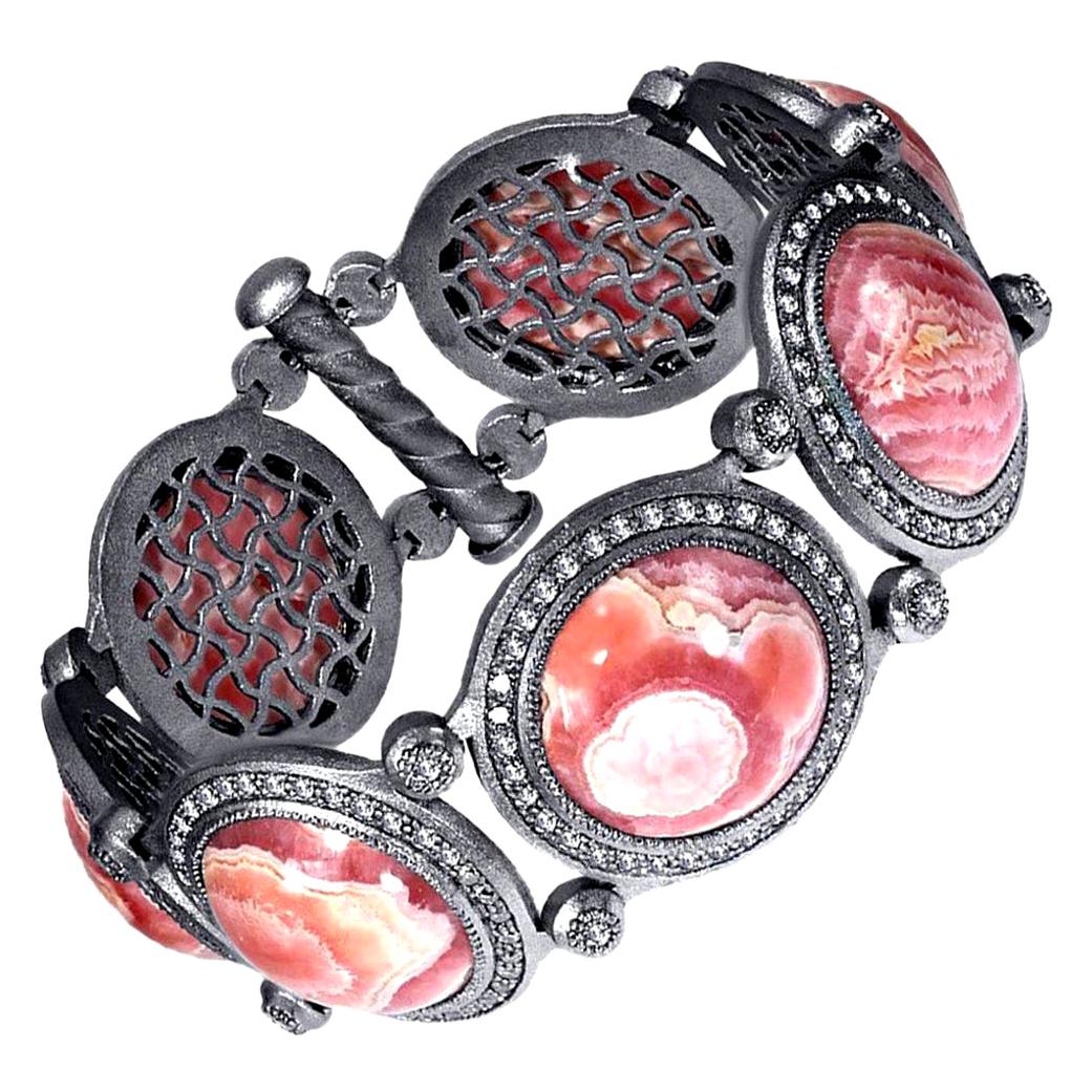 Alex Soldier Rhodochrosite Diamond Rose Sterling Silver Bracelet One of a Kind