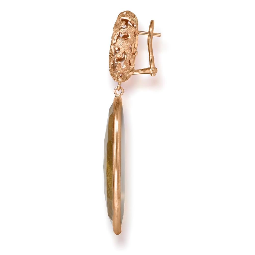 Alex Soldier Rutilated Quartz 18 Karat Rose Gold Hand-Textured Drop Earrings In New Condition In New York, NY