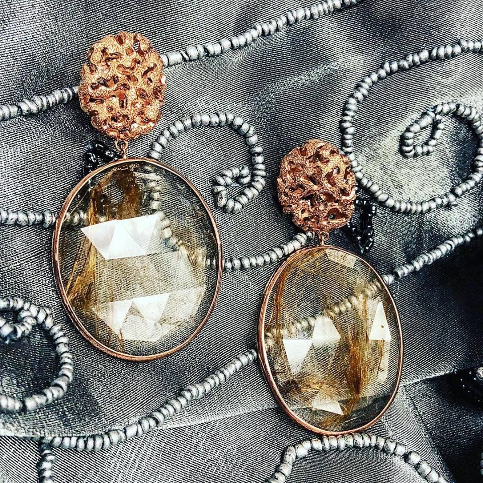 Alex Soldier Rutilated Quartz 18 Karat Rose Gold Hand-Textured Drop Earrings 1