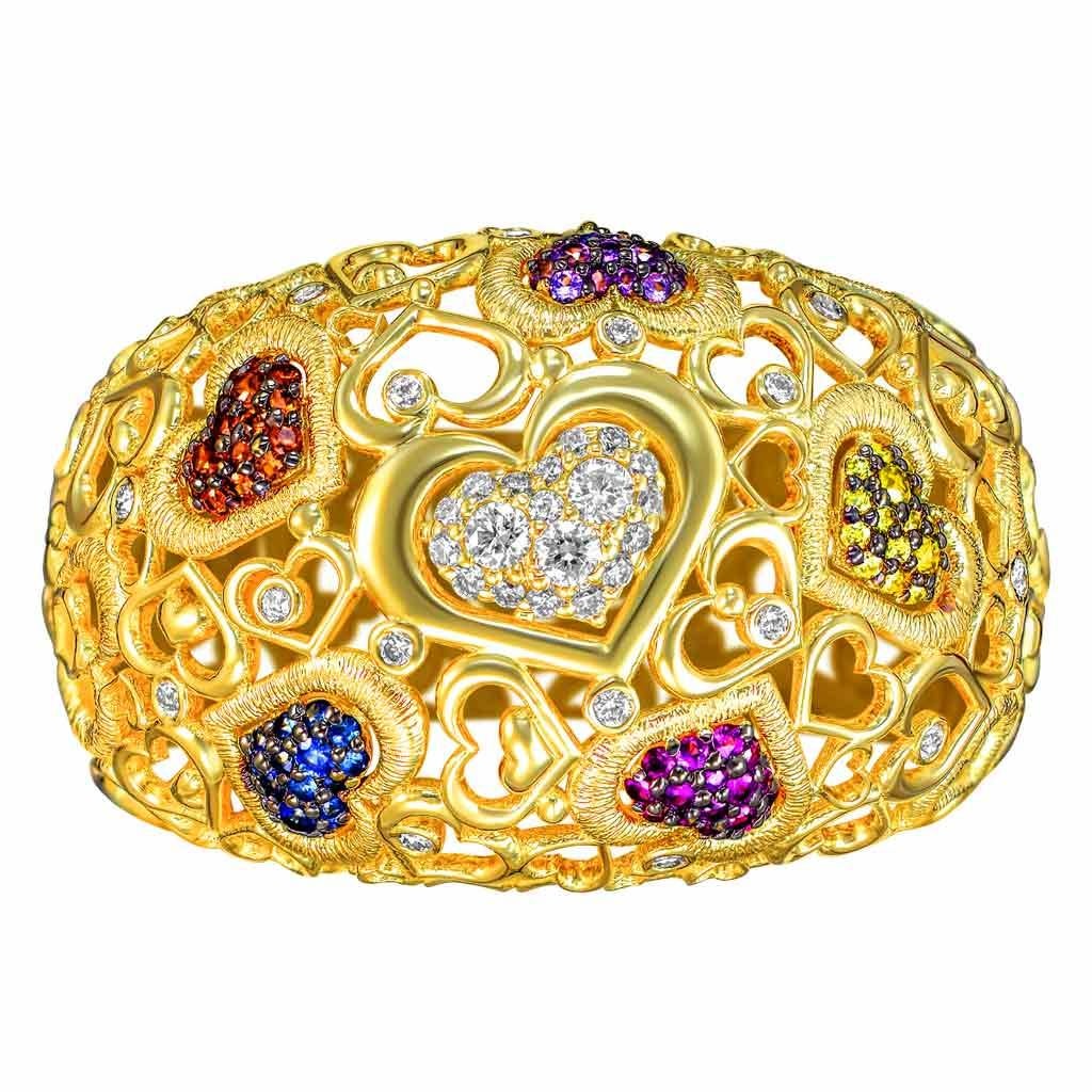 Alex Soldier Gold Open Heart Ring: aus 18-karätigem Gelbgold mit Diamanten, Rubinen und Saphiren, perfektioniert mit Alex Soldiers charakteristischer Metallarbeit. Mit Liebe in New York City aus verantwortungsbewussten Materialien handgefertigt.