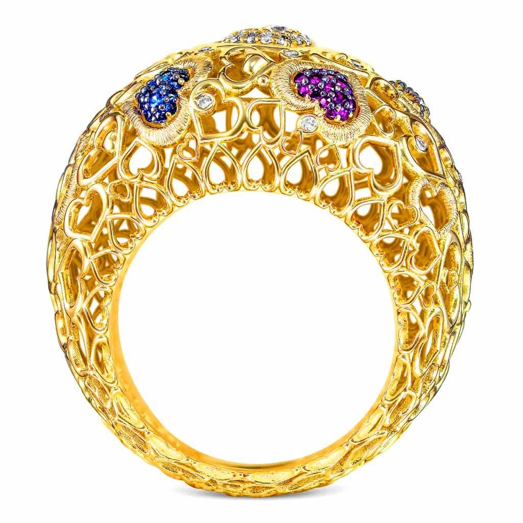 Contemporain Alex Soldier, bague en forme de cœur en or jaune 18 carats avec saphir et diamants, unique en son genre en vente