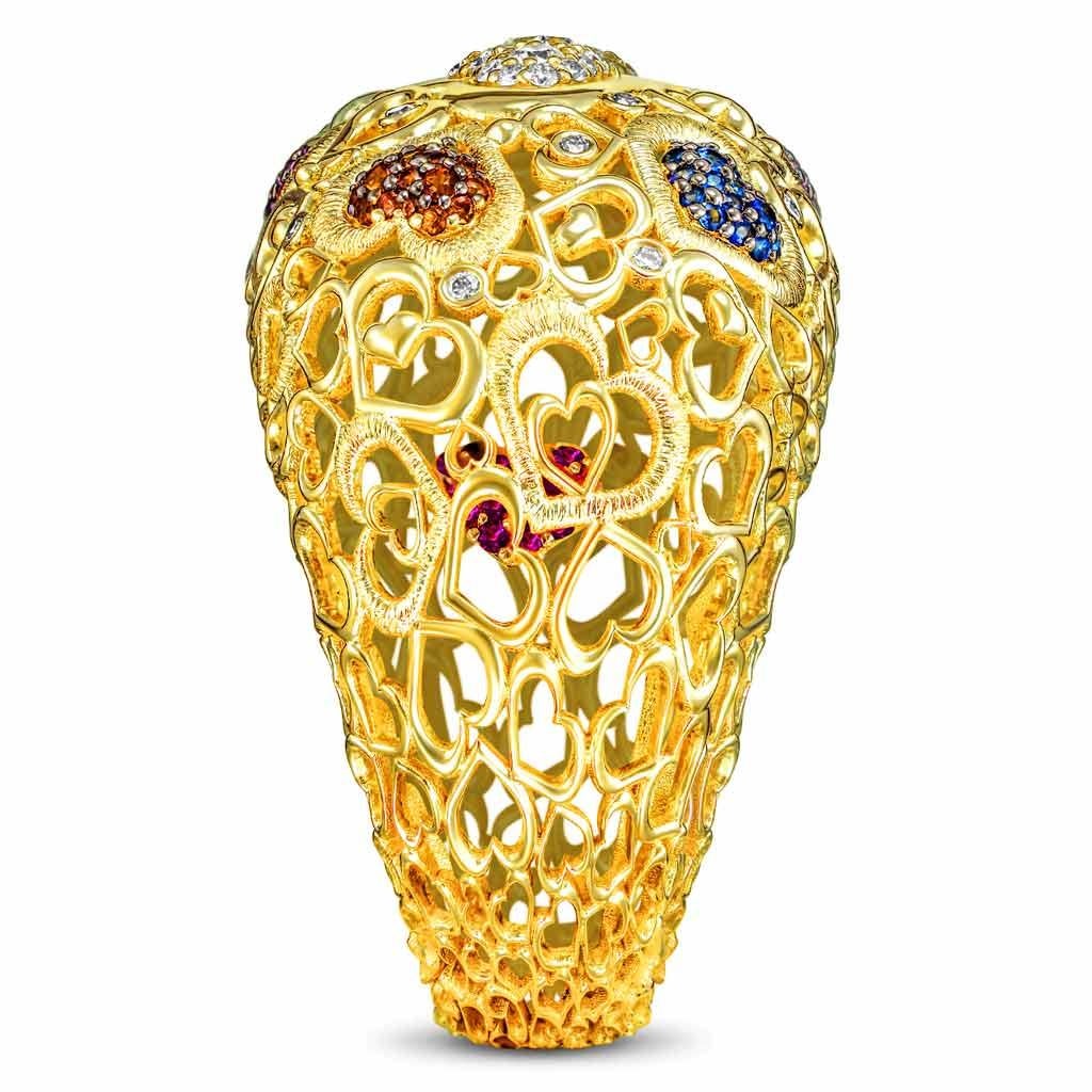 Taille ronde Alex Soldier, bague en forme de cœur en or jaune 18 carats avec saphir et diamants, unique en son genre en vente