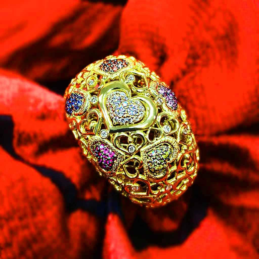 Women's or Men's Alex Soldier Sapphire Diamond 18 Karat Yellow Gold Heart Ring One of a Kind