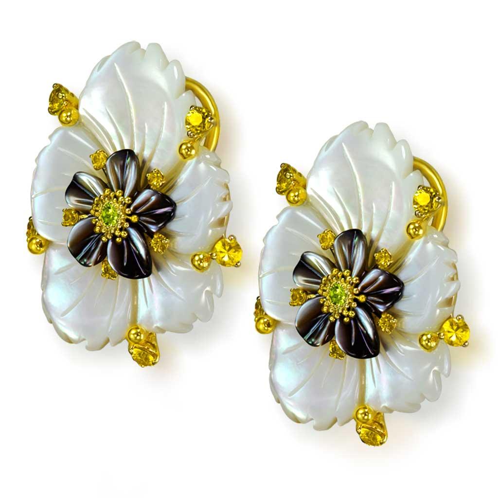 Alex Soldier Sapphire Onyx Carved Mother of Pearl Gold Convertible Earrings In New Condition For Sale In New York, NY