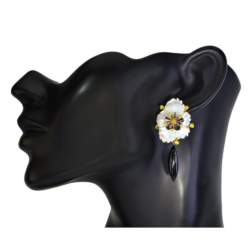 Alex Soldier Sapphire Onyx Carved Mother of Pearl Gold Convertible Earrings 1