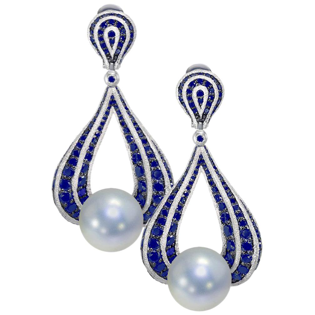Alex Soldier Sapphire Pearl White Gold Drop Textured Earrings One of a Kind